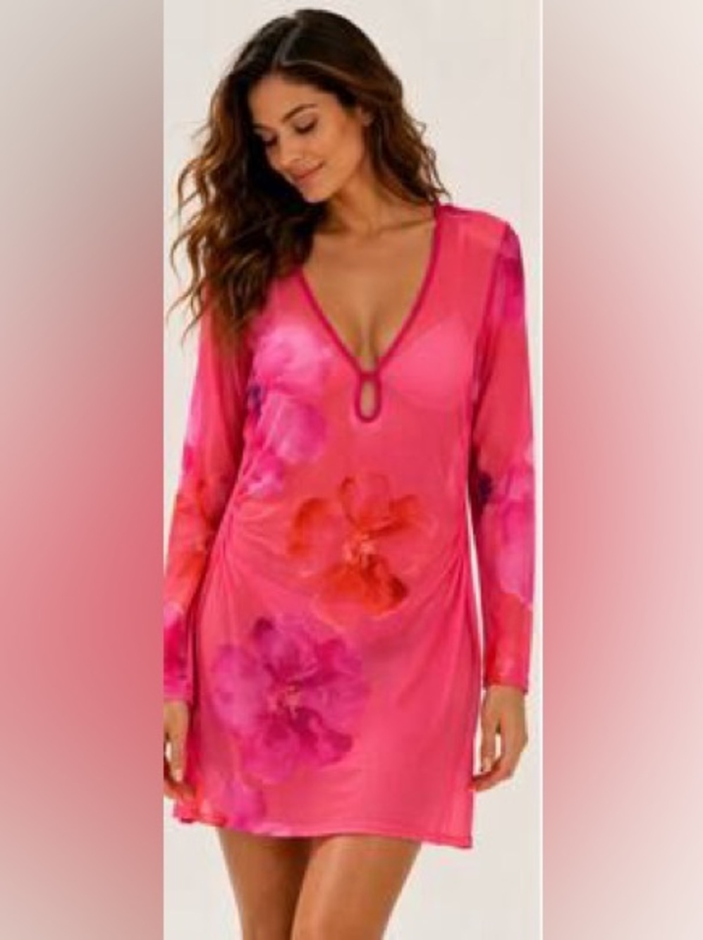 Women's Pink Floral V-Neck Swim Cover-Up